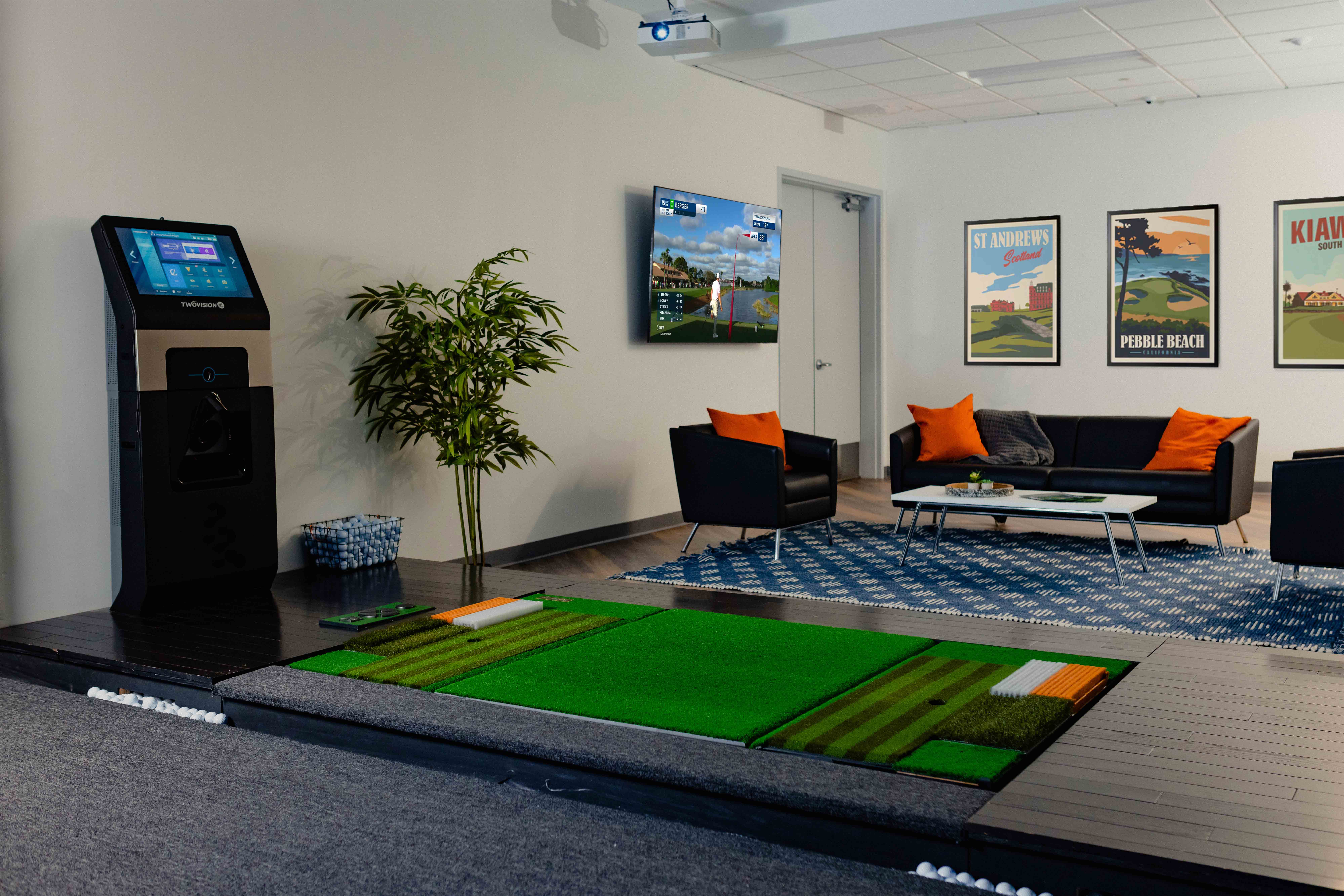 An indoor golf simulator setup in a lounge by Golfzon